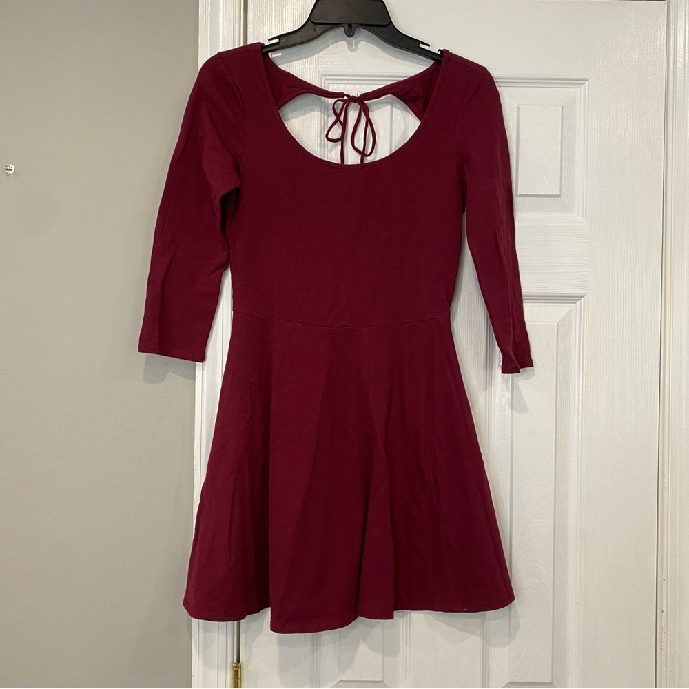American Eagle Burgundy Fit & Flare Skater Dress Mini Open Back Small NWT LS